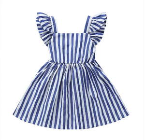 White & Blue Striped Ruffle Dress
