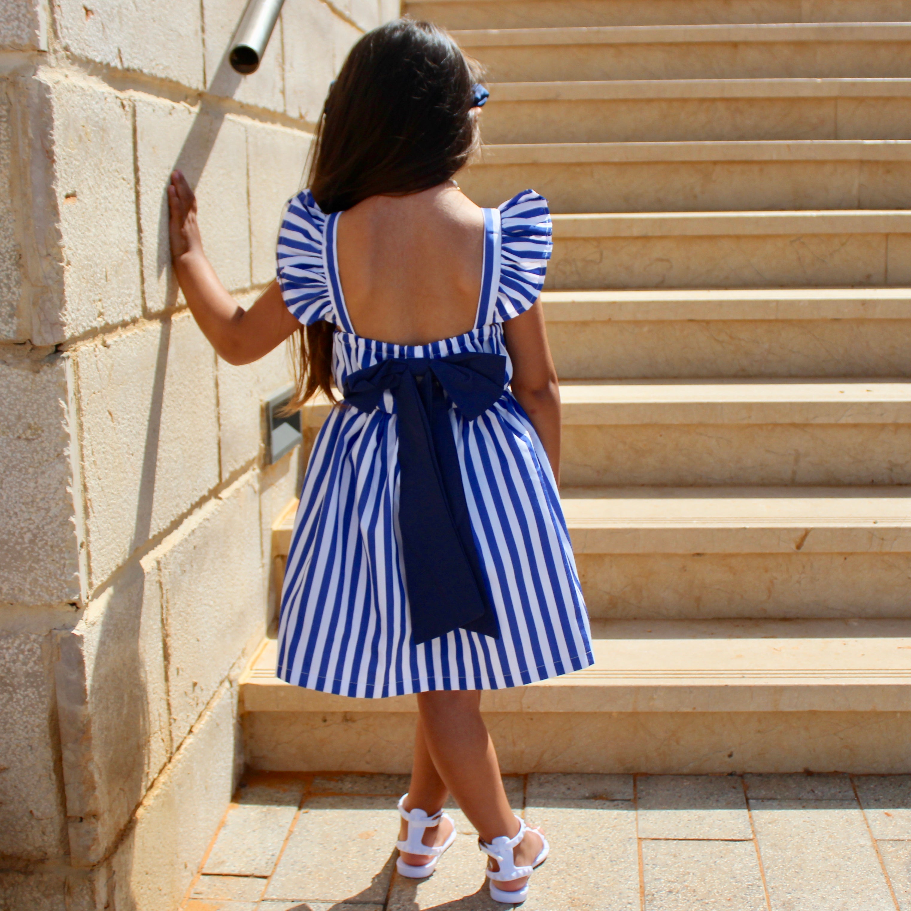 White & Blue Striped Ruffle Dress
